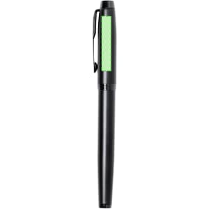 A black fountain pen with a green grip and a pocket clip. Features a sleek metal design. Includes a logo.