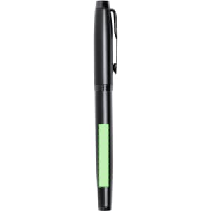 A black fountain pen with a green accent and a clip, featuring a branding logo.