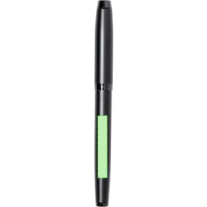 A black fountain pen featuring a vibrant green accent and a sleek, modern design. It has a logo on the side.