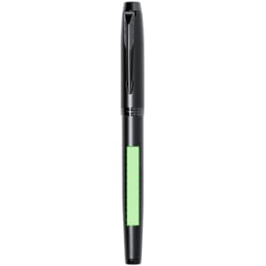 A black fountain pen with a green accent and a clip, featuring a logo on its side.