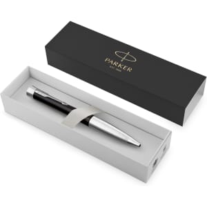 A metal pen with a silver finish, presented in a sleek black and white box, featuring a logo.