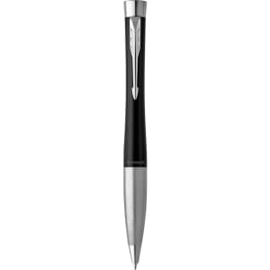 A metal pen featuring a sleek black barrel and silver accents, with a branded logo near the grip.
