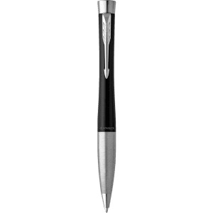 A metal pen featuring a sleek black and silver design, accented with a logo on the barrel.