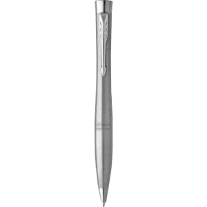 A metal pen with a sleek silver design and a branding logo on the barrel.
