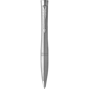 A silver metal pen with a sleek design and a clip, featuring a logo on the body.