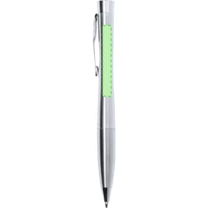 A metal pen with a silver finish and a green accent section, featuring a clip and a branding area.
