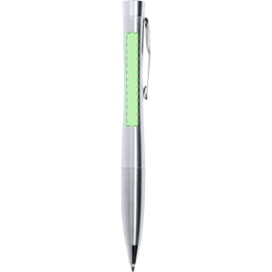 A metal pen with a sleek silver design and a green grip section, featuring a clip and branding.