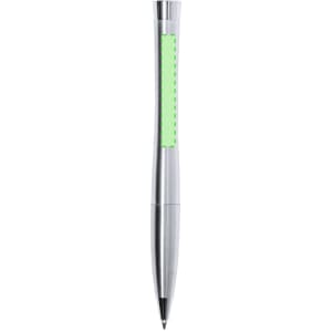 A metal pen with a silver body and a vibrant green grip, featuring a logo.
