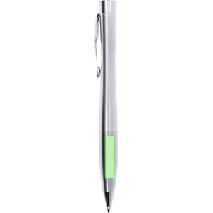 A metal pen with a sleek silver body and a green grip section, featuring a clip and a branding logo.