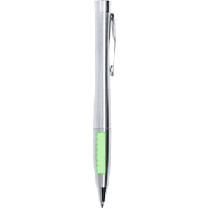 A metal pen featuring a sleek silver design with a green accent and a clip for easy attachment.