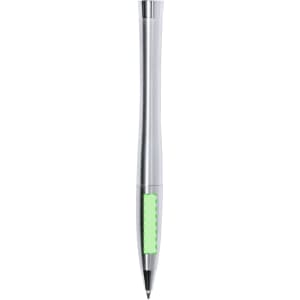 A metal pen with a sleek silver finish and a green grip, featuring a logo on the barrel.