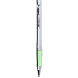 A metal pen with a shiny silver finish and a green grip, featuring a logo.