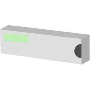 A grey packaging box with a circular opening and a green label area. It is designed for promotional products.