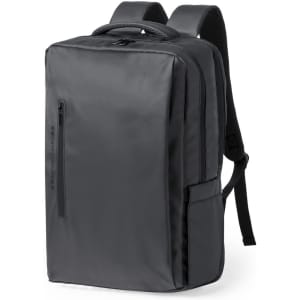 A black backpack with padded straps and a front zipper pocket. It features a logo on the side.