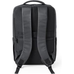 A black backpack features padded shoulder straps and a textured back panel, with side pockets and a logo.