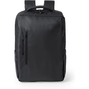 A black Ladian backpack featuring a zippered pocket and logo, designed for functionality and style.