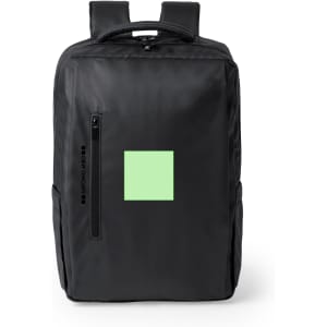 A black backpack with a square green accent and a logo on the side. It features two straps and a front zipper.