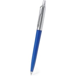A blue recycled pen with a silver clip and tip, featuring a branding logo on the barrel.