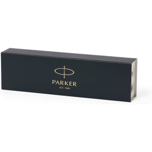 A black gift box featuring a logo, designed for a pen. The box has a sleek and elegant appearance.