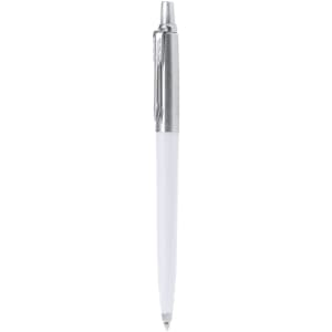 A metal pen with a white barrel and silver accents, featuring a logo on the side.