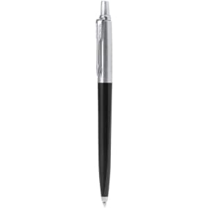 A black and silver metal pen with a sleek design, featuring a clip and a branding logo.