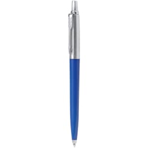 A blue recycled pen with a silver clip and tip, featuring a logo on the barrel.