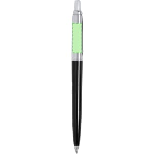 A recycled pen with a black body and a silver clip, featuring a green section for branding.
