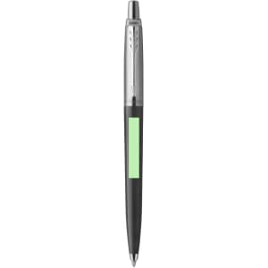 A metal pen featuring a black body and a mint green accent, with a silver clip and tip, and a logo on the barrel.