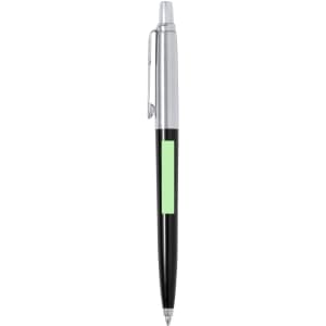 A recycled metal pen featuring a black body and silver accents, with a green area for branding.