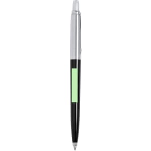 A metal pen with a black barrel and silver accents, featuring a green section. Includes a branding logo.