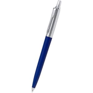 A blue recycled pen with a silver clip and tip, featuring a logo on the barrel.