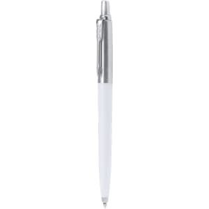 A white pen with a silver clip and tip, featuring a logo on the barrel.