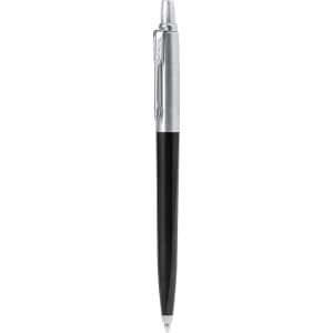 A black and silver recycled pen with a sleek design and a clip, featuring a branding logo.