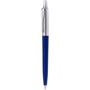 A blue recycled pen with a silver clip and tip. The pen has a smooth, rounded shape.