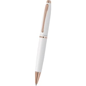 A white metal pen with rose gold accents and a logo on its body.