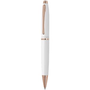 A metal pen in white with rose gold accents and a sleek design. Features a logo on the body.