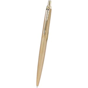 A gold metal pen with a sleek design, featuring a clip and smooth writing tip. It has a branding logo on the barrel.