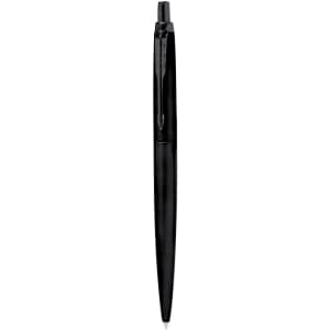 A sleek black metal pen with a smooth finish and a logo on its body.