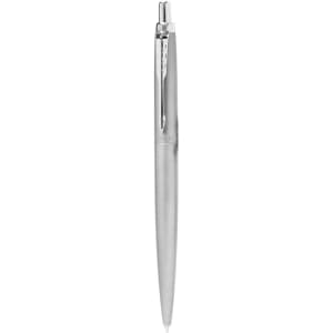 A metal pen in a sleek silver monochrome design, featuring a logo on the side.