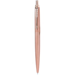 A metal pen in a rose gold finish with a sleek design and a clip, featuring a small branding logo.