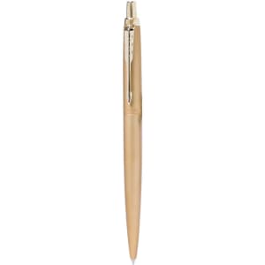 A metallic gold pen with a smooth finish, featuring a clip and a fine writing tip. Includes a logo.