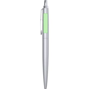 A metal pen in silver with a green grip, featuring a clip and branding on the side.