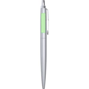 A metal pen with a silver body and a vibrant green accent, featuring a clip and a branding logo.