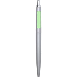 A Monochrome pen in silver with a green accent; features a shiny metal finish and a branding logo.