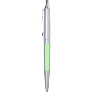 A metal pen in silver with a green accent area and a clip. The pen has a sleek, modern design.