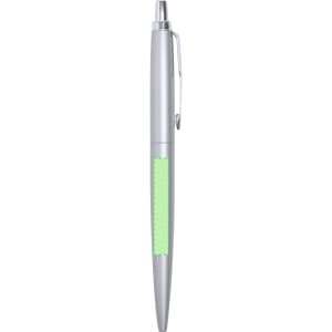 A silver metal pen with a green accent, featuring a clip and a smooth finish. It includes branding on the surface.