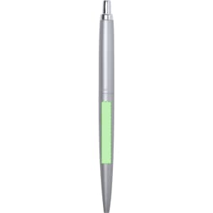 A metallic silver pen featuring a bright green accent and a branded logo.