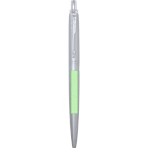 A silver metal pen with a green section on the body, featuring a clip and a sleek design, including a logo.