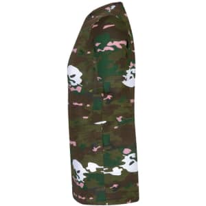 A green camo adult T-shirt featuring pink accents, showcasing a side view. The shirt has a logo.
