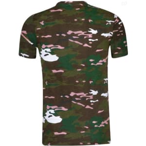 A camouflage adult T-shirt featuring green, pink, and white patterns, with a logo on the back.
